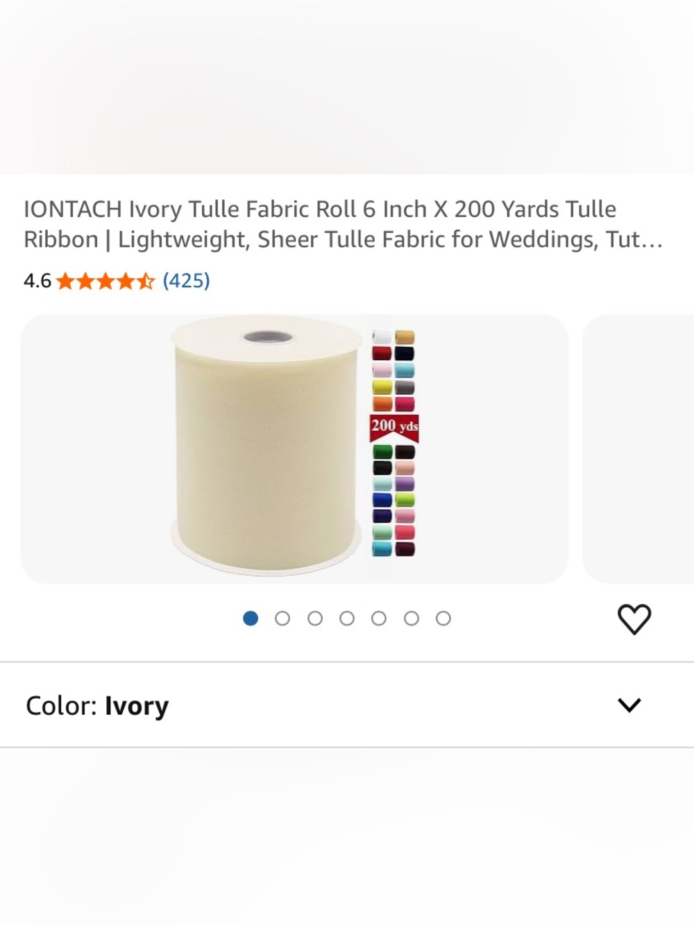 Ivory Tulle Fabric Roll - 6in x 200yds